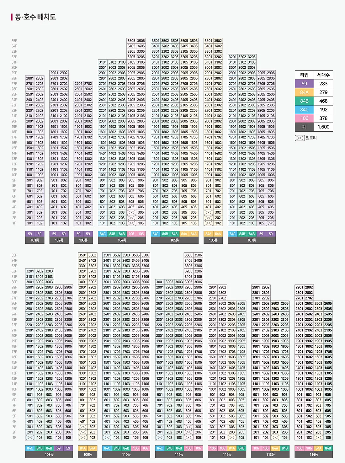 평택 브레인시티 비스타동원 동·호수 배치도 — 14개동 1,600세대 층별·호수별 타입 매핑